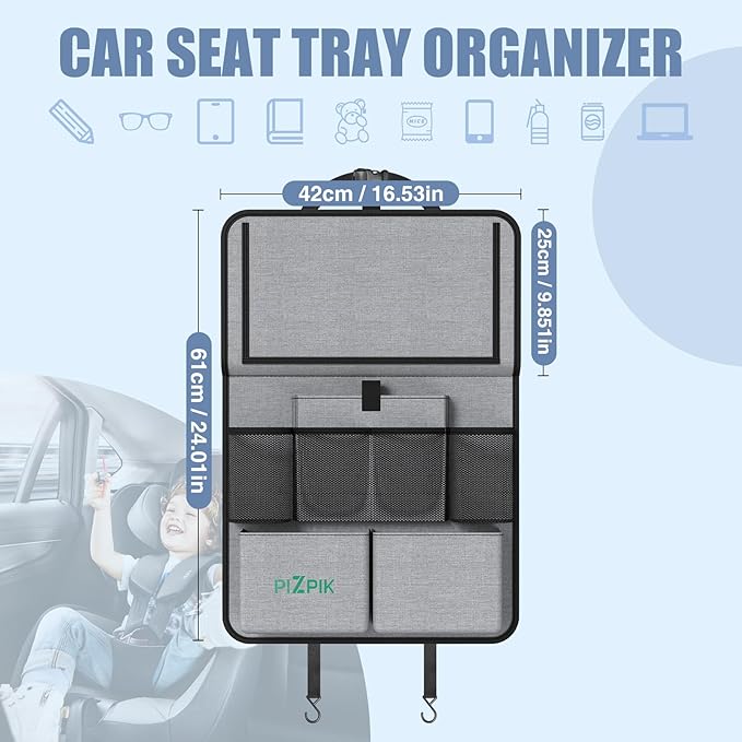 Car Backseat Organizer with Tablet Holder,11 Storage Pockets with Foldable Food Tray, Protector Kick Mats for Kids, Travel Accessories Organizer (Gray, 1Pack)