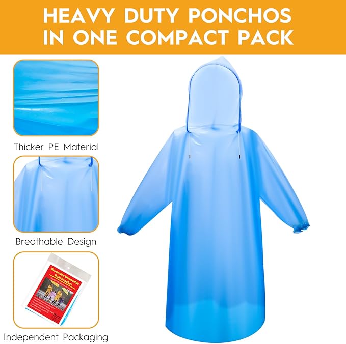 Bruvoalon 6 & 20 Pack Disposable Rain Ponchos for Adults/Youth, Waterproof PE Raincoats with Drawstring, Camping/Emergency