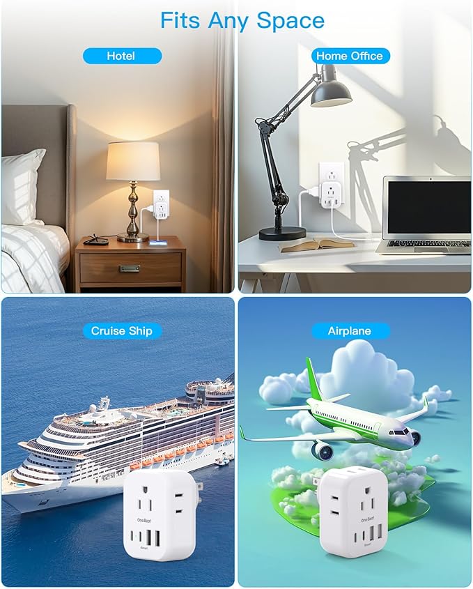 Travel Cruise Ship Essentials, Travel Plug Adapter with 4 Outlets 4 USB (4 USB-C), Cruise Approved Power Strip Non Surge Protector, Multi Plug Wall Outlet Extender, Travel Cruise Must Have Accessories