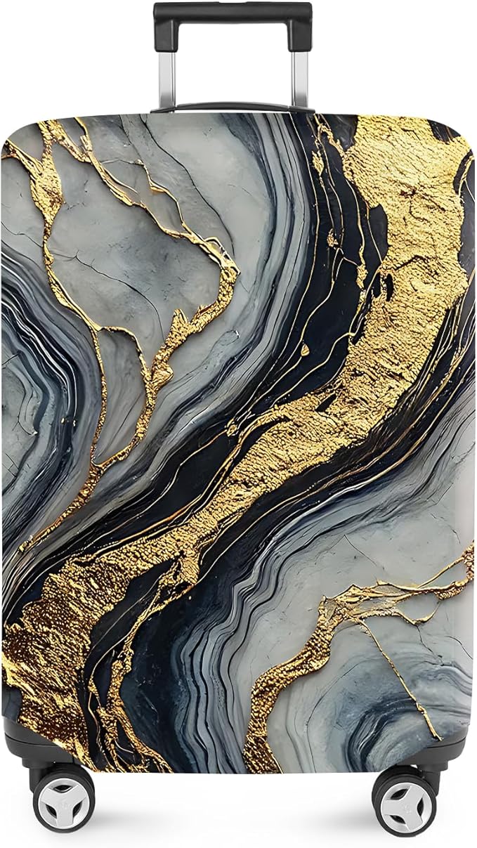 ANNA QUEEN Luxury Marble Gold Luggage Cover, Elegant Black & Grey Suitcase Protector with Faux Gold Vein Design, Stretchable, Washable Spandex Cover for 28-30 Inch Luggage