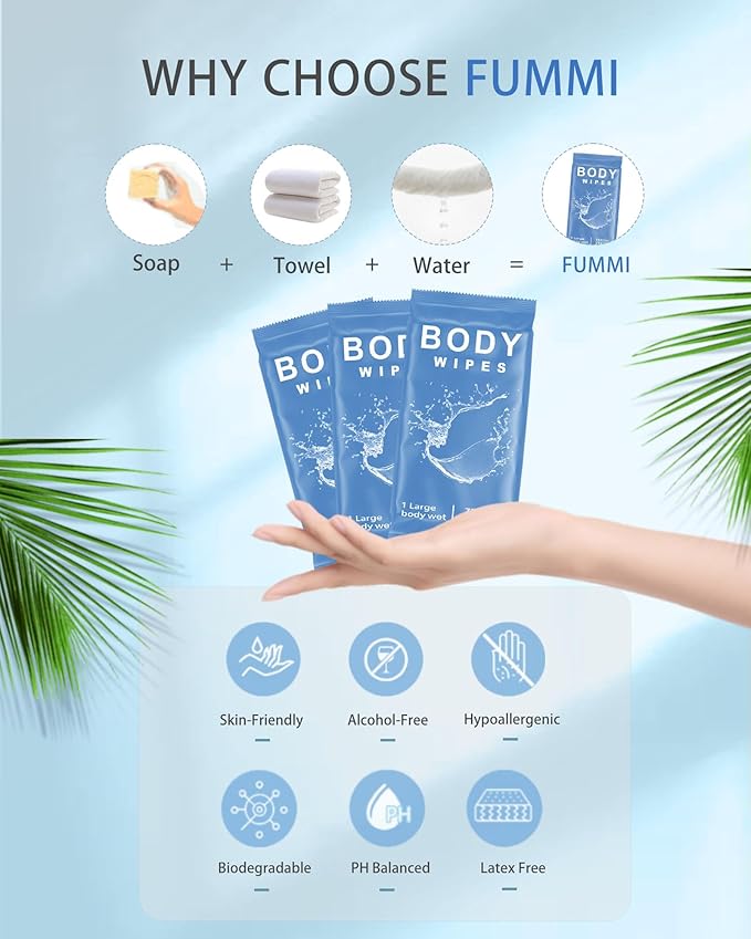 FUMMI 300 Pack Body Wipes – Large Individually Packaged Bath Wipes for Adults, Travel, Gym, Camping, Elderly, Bedridden – No Rinse Bath Wipes, Moisturizing & Refreshing Clean