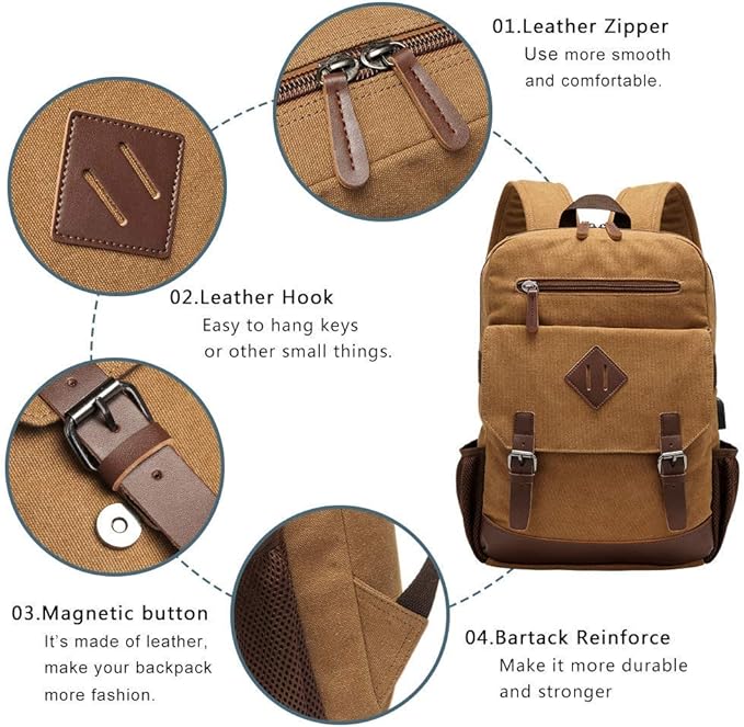 Canvas Backpack for Men Women, Vintage Rucksack Fits Most 15.6 Inch Laptop, Bookbag with USB Charging Port, Brown