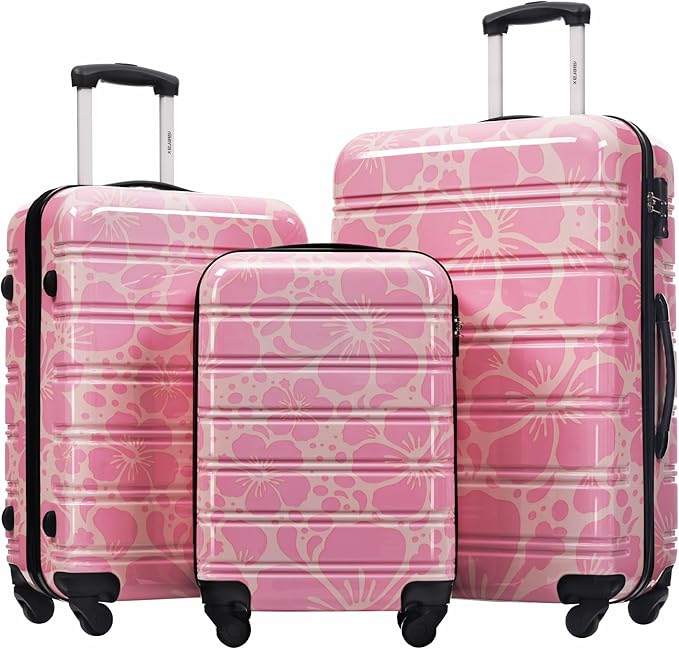 Merax Luggage Sets 3 Piece, Hardside Suitcase Set with Spinner Wheels, Lightweight Printing Luggage Carry on,20+24+28 IN,Pink