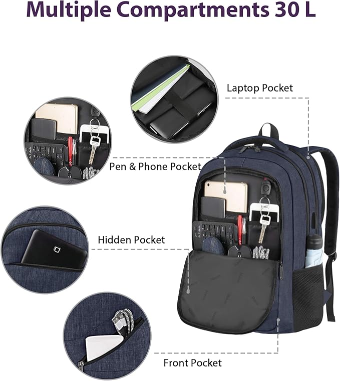 MATEIN 17 Inch Laptop Backpack, Large College Backpack Carry On TSA Approved with Trolley Sleeve, Computer Work Bag with USB Charging Port, Water Resistant Travel Daypack for Men, Dark Blue