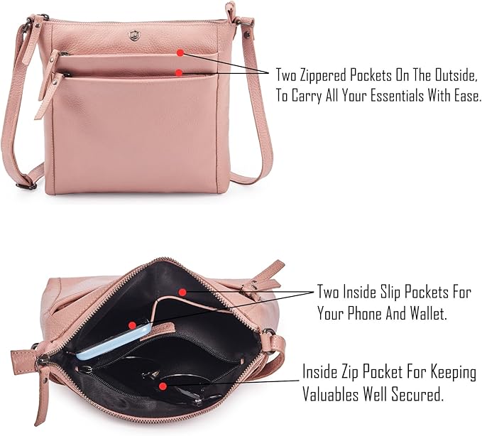 Small Soft Genuine Leather Crossbody Purse Women’s Sling Crossover Shoulder Travel Handbag with Triple Zipper