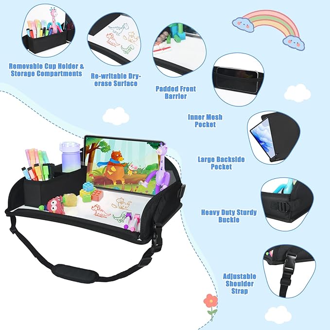 Upgraded Kids Travel Tray for Airplane - Toddler Car Seat Table Tray, Road Trip Essentials for Boys & Girls, Carseat Lap Desk for Kids Road Trip Activities, Black