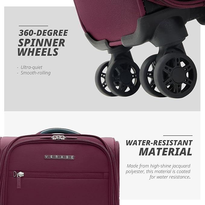 Verage Under Seat Luggage with Wheels, Softside Small Suitcase Spinner Carry On Luggage Bags for Airlines Airplanes Short Trip Men Women (Grape red, 14.5-Inch Plus Underseat)