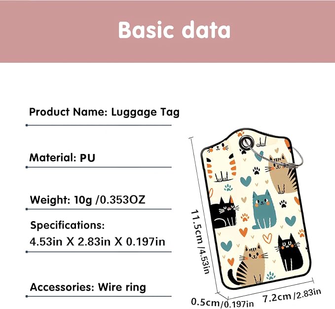 Luggage Tags for Suitcases, 2-Pack PU Leather for Cruise & Travel, Baggage ID Tags with Privacy Cover & Address Card, Durable Metal Ring, Kids Adults Travel Accessories, Kitty Love Pattern