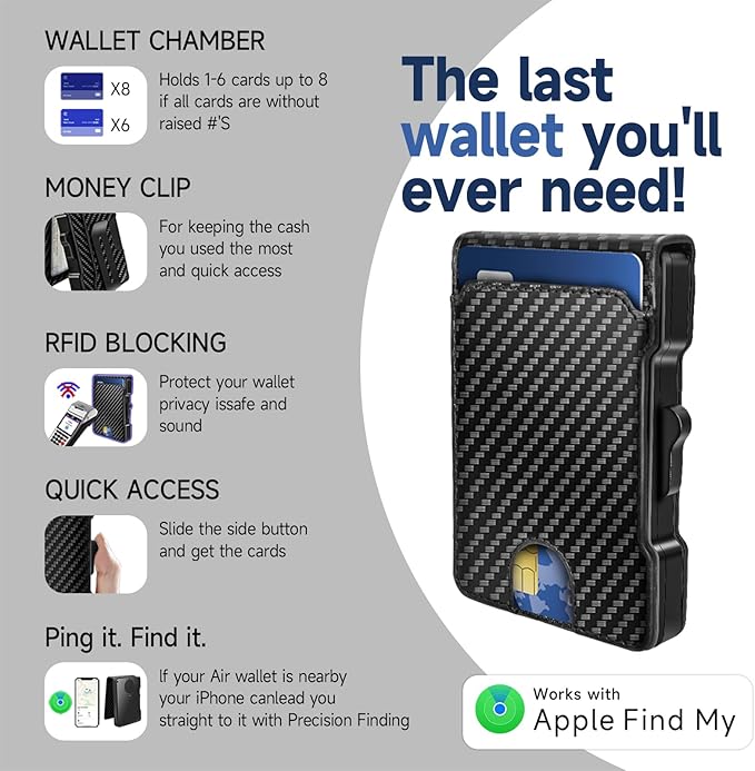 Zeeker Mens Air Wallet, with Smart Tracker, RFID Blocking Credit Card Clip, Bi-Fold Minimalist Wallet, Compatible with Apple Find My IOS Only, Replacement AirTag Chip(Carbon Fiber Pattern)
