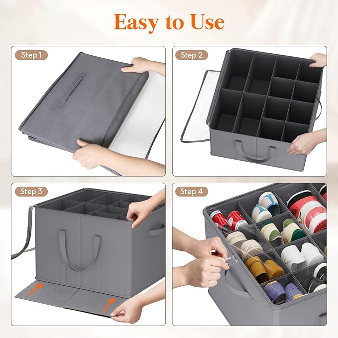 Lifewit Shoe Storage Organizer for Closet, Fits 12-16 Pairs, Large Shoe Box Storage Containers with Clear Cover and Reinforced Handles, Foldable Storage Bins Fit for Boots Heels Sneakers, 1 Pack Gray