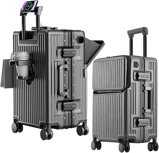 2-Piece Hardshell Zipperless Luggage Set, 20/26" Aluminum Frame Hardshell Spinner Luggage, Airline Approved Carry-On Luggage, TSA Lock, 360° Quiet Wheels With Cup Holder (grey)