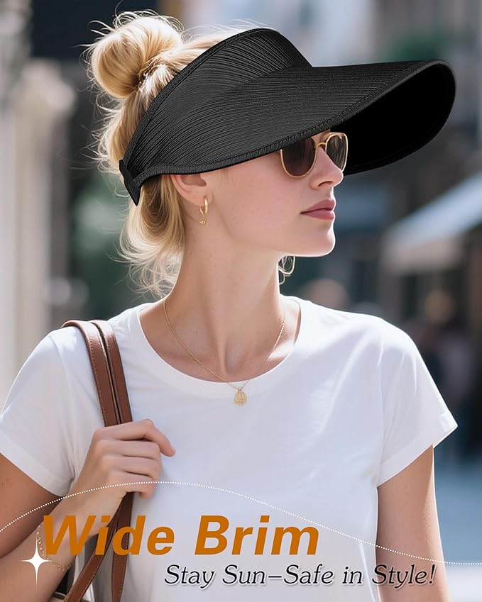 Sun Visor Hats for Women,UPF50+ Wide Brim Sun Hats Adjustable Foldable Beach Hats for Daily Travel