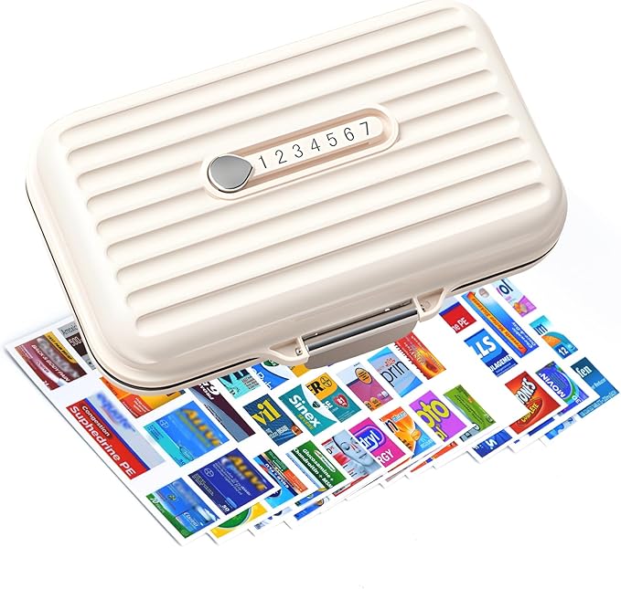 Travel Pill Organizer Box with Medicine Labels, 7 Compartments Portable Pill Case, Daily Medication Organizer Storage Pill Container for Pocket Pharmacy(Pearly White, L)