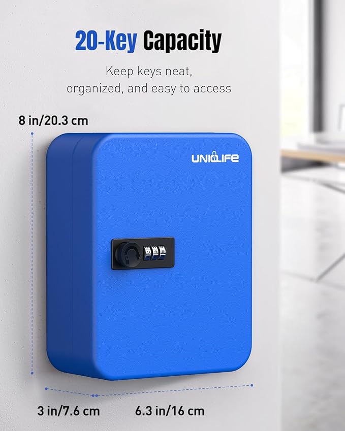 Uniclife 20 Keys Key Lock Box with Code, Wall Mount Lock Box for Keys with Code, Key Organizer with Tags, Key Cabinet, Key Storage Box for Home Office & Company, Blue