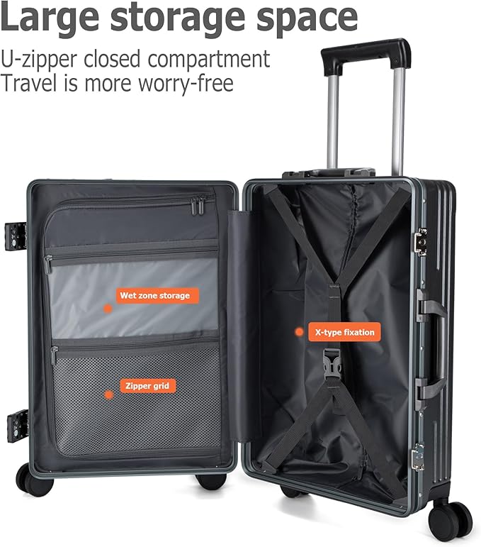 feilario 24in Aluminium Frame PC Hard Shell Spinner Wheels Luggage, Built-In TSA lock Carry on Suitcase, with Cup Holder, USB Port, Phone Holder