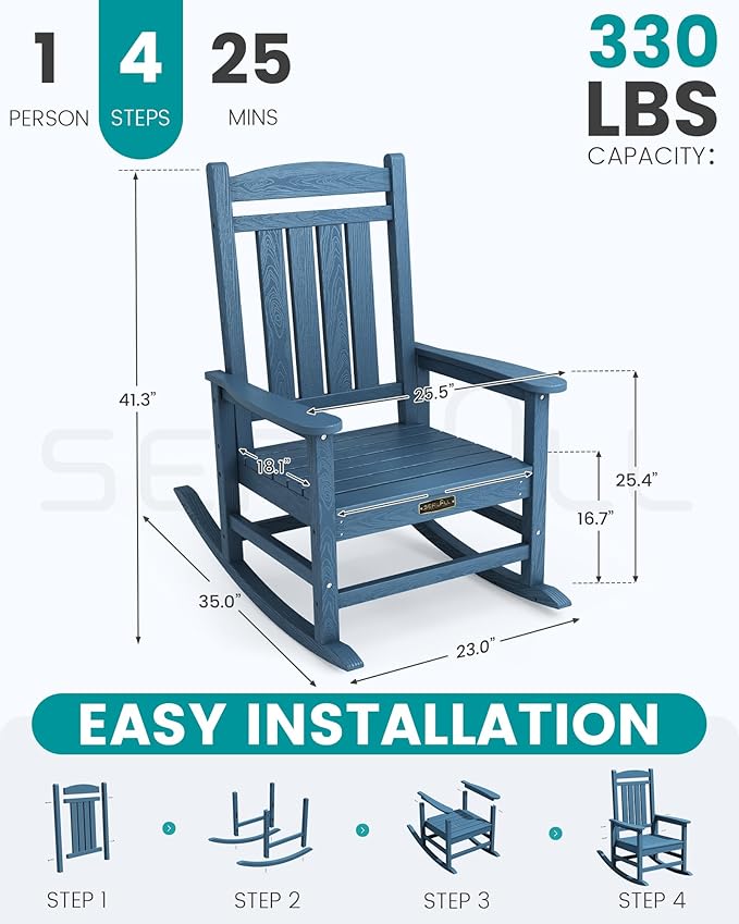 SERWALL Outdoor Rocking Chair, HDPE Patio Rocking Chair All-Weather Porch Rocker for Balcony, Yard, Blue
