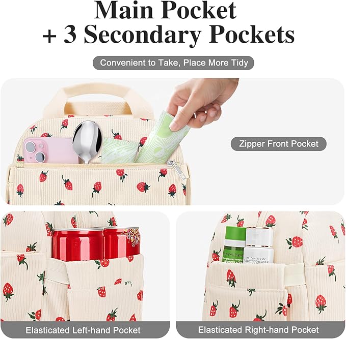 Lunch Bag Lunch Box for Women Adults Men, Cute Strawberry Corduroy Insulated Reusable Work Leakproof Simple Large Lunch Boxes Tote Bag Cooler Bag