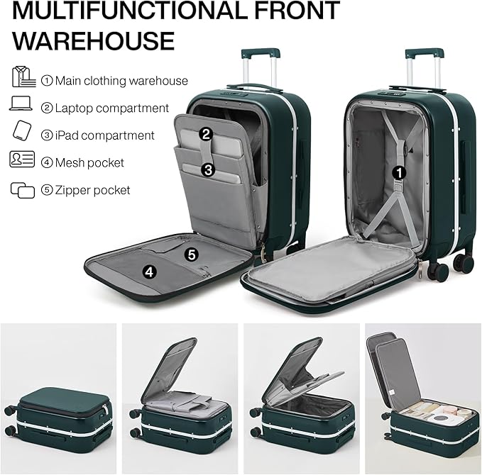 mixi Carry On Luggage, 20'' Suitcase with Front Laptop Pocket, Travel Rolling Luggage Aluminum Frame PC Hardside with Spinner Wheels & TSA Lock and Cover - Blackish Green