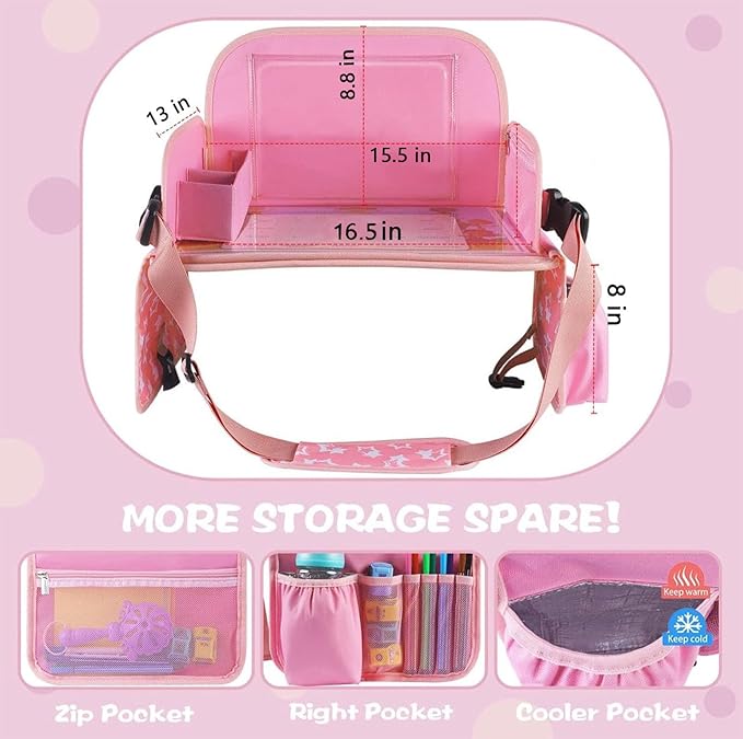 MENZOKE Kids Travel Tray for Toddler Car Seat, Lap Tray for Girl Activities with Dry Erase Board & Cooler Cup Holder, Road Trip Essentials Accessories with No-Drop Large Tablet iPad Holder Stand,Pink