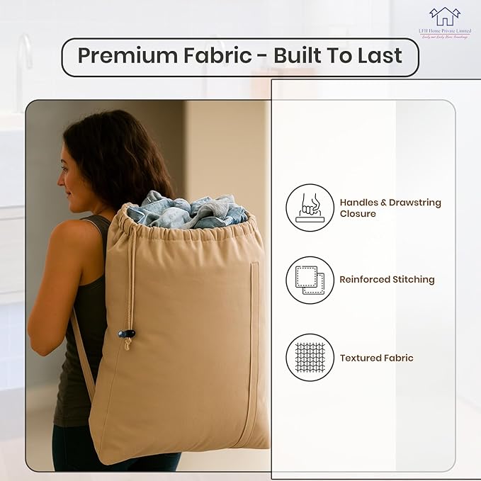 LFH Home Cotton Canvas Large Laundry Bag with Handle, Heavy Duty Drawstring Closure Washable Laundry Bags, School Travel, Home, Hotel, College Dorm, Organizer Sack, Toys Clothes 28x36-Beige