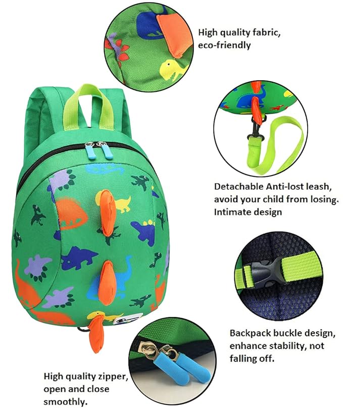 DB Dinosaur Toddler Mini Backpack with Leash, Children Kids Baby Harness Bookbag (Green)
