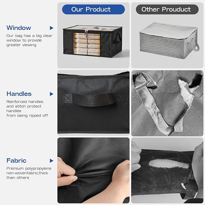 Clothes Storage Bags, Foldable Thick Fabric Blanket Storage Bags, Large Clear Window & Carry Handles, Great for Clothes, Blankets, Closets, Pillows, Toys (Black, 6PACK)