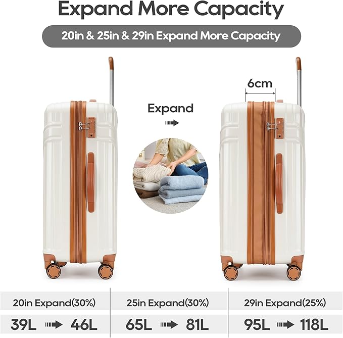 GinzaTravel Luggage Sets 3-Piece Expandable Suitcases with Wheels PC+ABS Durable Hardside Luggage sets TSA lock（White + Brown）