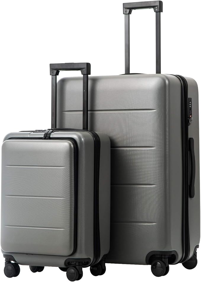 COOLIFE Luggage Suitcase Piece Set Carry On ABS+PC Spinner Trolley with pocket Compartmnet Weekend Bag(Titanium gray, 2-piece Set)