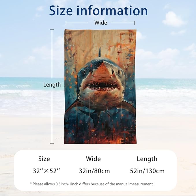 WZOMT Shark Beach Towel, Microfiber Shark Fishing Towel, Retro Ocean Fish Blue Orange Bath Towel for Kids Boys, Quick Dry Sand-Free Absorbent Towel for Pool Swim Travel, Oversized 32x52 Inch