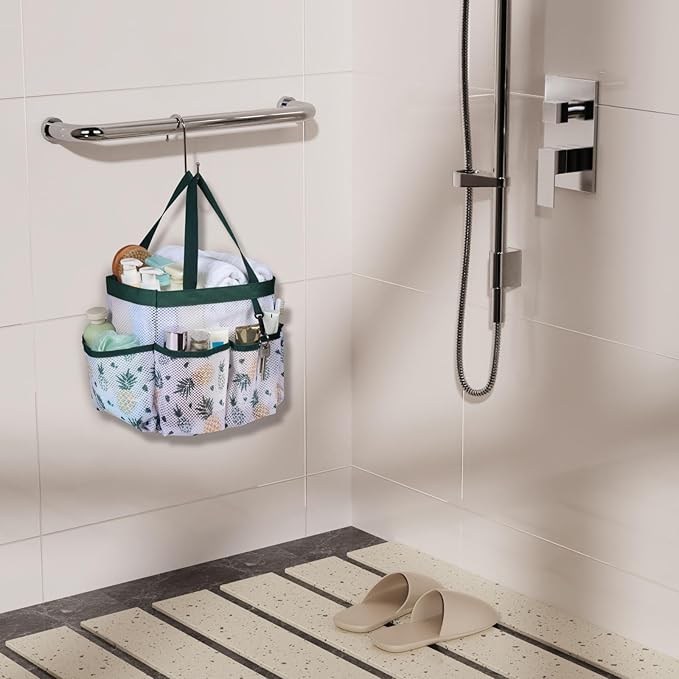 F-color Shower Caddy Portable - Mesh Shower Bag Basket Tote for College Dorm Room Essentials Bathroom Gym Camp Quick Dry for Women Men with S Hook, Green Pineapple