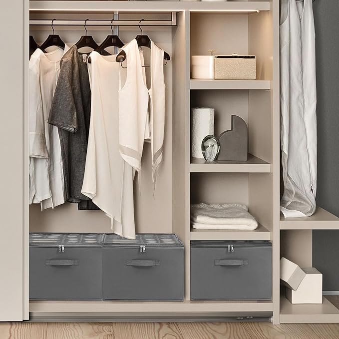 Shoe Organizer for Closet, Foldable Shoe Storage Bins with Clear Cover, Large Shoe Box Storage Container with Adjustabele Dividers, Fits up to 16 Pairs, Gray