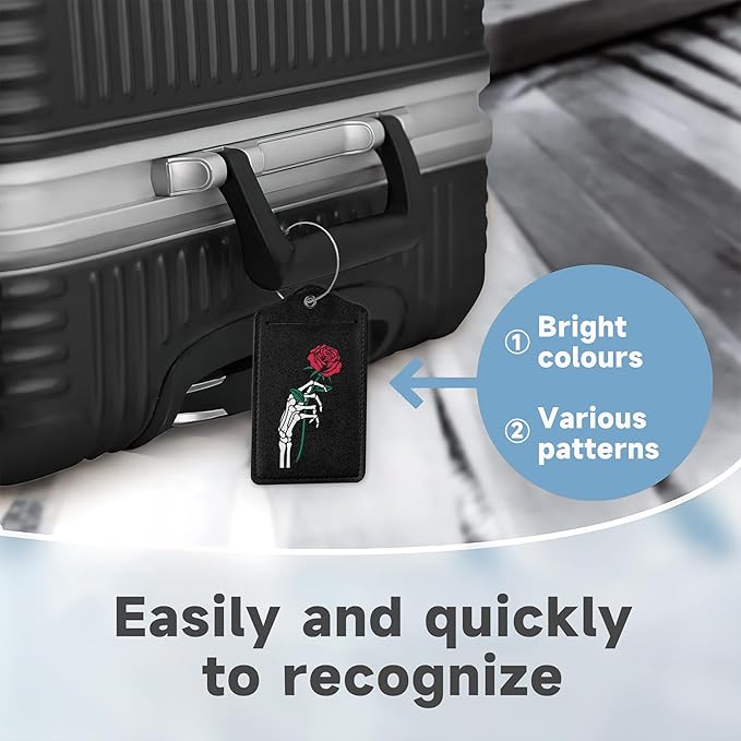 2 Pack Luggage Tag for Suitcase,Skeleton Hand Holding Rose Leather Bag Tags Identifiers Privacy Cover ID Label with Durable Steel Loop for Women Men Kids Girls Travel