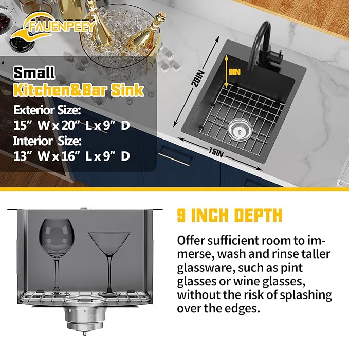 Small Black Kitchen Sink,15x20 Inch Stainless Steel Drop In Toprmount Kitchen&Bar Sink Ideal Choice For Small Space, Prep Area, RV With Bottom Grid,Soap Mat And Drain Assembly