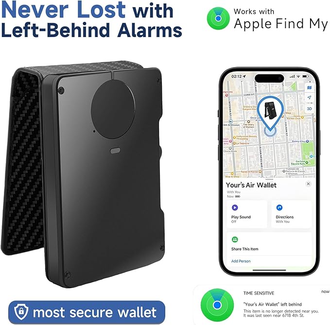Zeeker Mens Air Wallet, with Smart Tracker, RFID Blocking Credit Card Clip, Bi-Fold Minimalist Wallet, Compatible with Apple Find My IOS Only, Replacement AirTag Chip(Carbon Fiber Pattern)