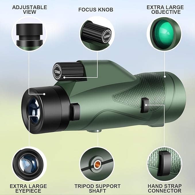 Pankoo 12x60 HD Monocular Telescope for Adults high Powered | Comes with Smartphone Adapter Tripod Hand Strap | Suitable for Bird Watching Sports Hiking Traveling