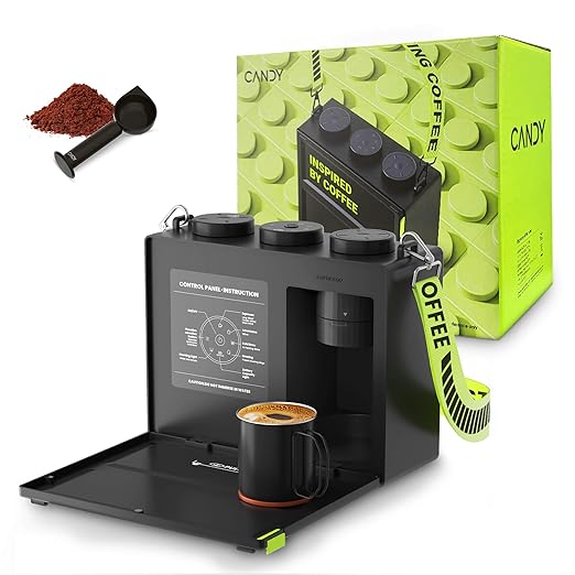 Candy™ Portable Espresso Coffee Maker with Strap for Travel, 3 in 1 One-Touch Operation, Rechargeable Up to 60 Cups(Cold), for Ground, Ideal for Camping, RV & Outdoor Use, Fast Heating in Plug-in Mode