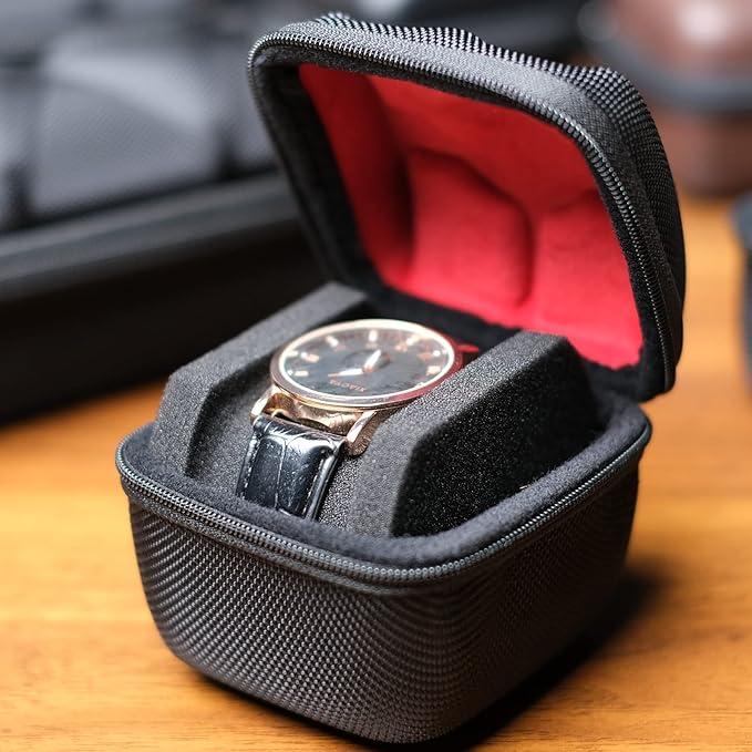 Hard single watch travel case, men's sports watch organizer box with flexible watch pillow (Black, 1 slot red lining)