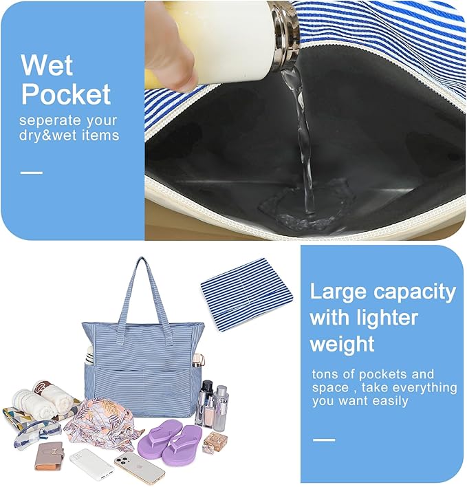 Waterproof Beach Tote Pool Bags for Women Ladies Extra Large Gym Tote Carry On Bag With Wet Compartment for Weekender Travel