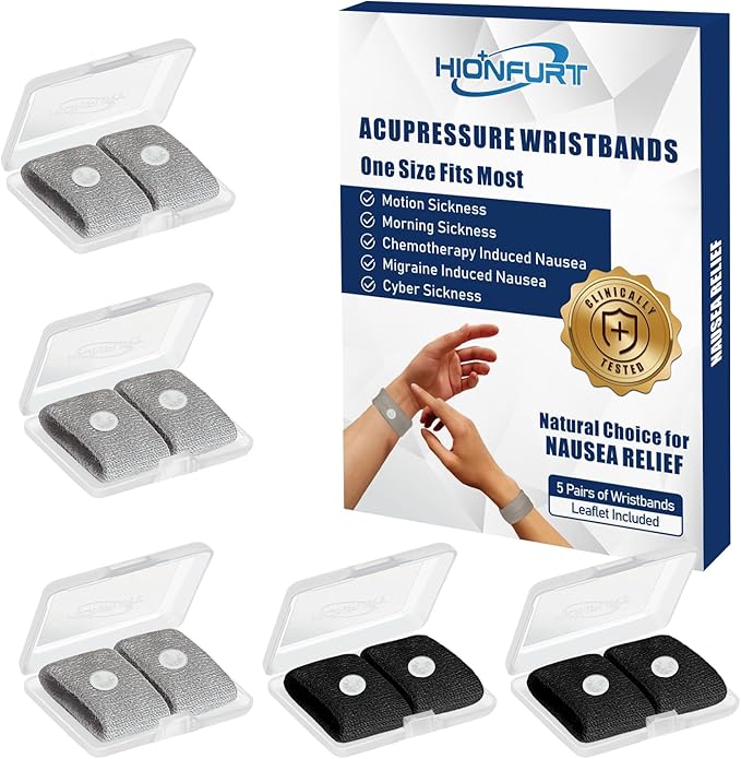 Motion Sickness Bands Anti Nausea Wristband for Adult and Kids Morning Sickness Relief for Pregnant Women Acupressure Nausea Relief for Car, Sea, Air Sickness - 3 Pairs Grey + 2 Pairs Black