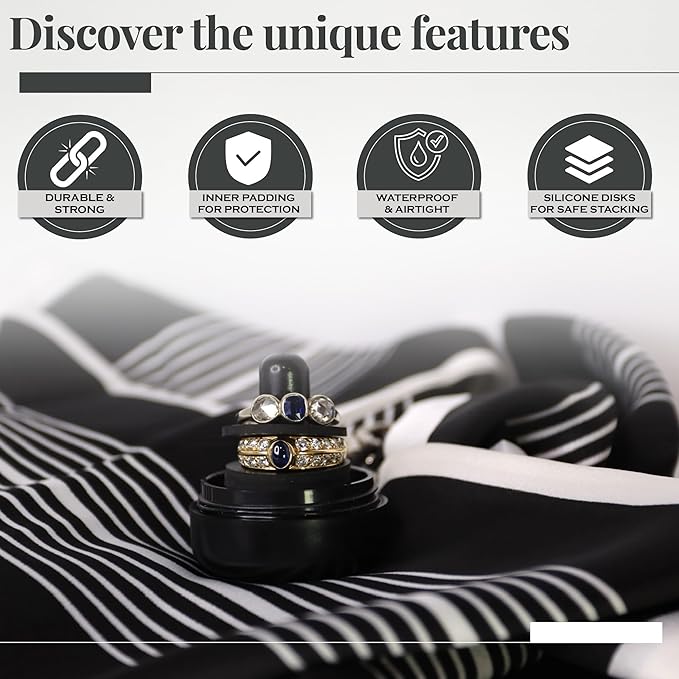 Ring Holder Keychain, Jewelry Organizer and Storage, Portable Waterproof Ring Holder, Pill Box Keychain Container, Gym Accessory, and Travel Ring Case (Black Onyx)