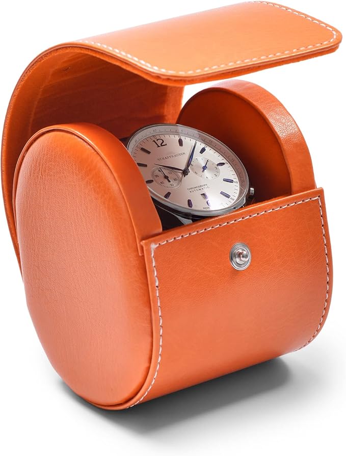 Oirlv Luxury Leather Travel Watch Case Single Watch Box for Women Portable Jewelry Watch Storage Roll Organizer(Orange)