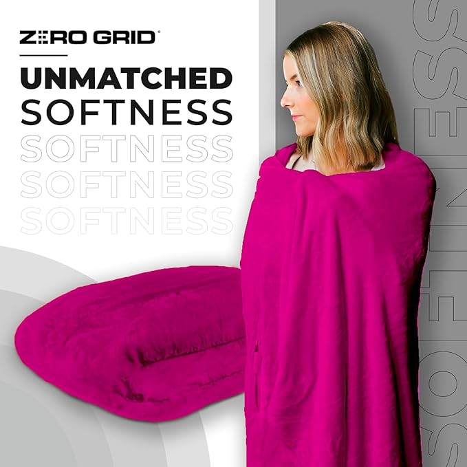 Lightweight Travel Blanket - Premium & Compact Airplane Wearable Blanket with Neck Snaps, Cozy Foot Pockets, Zipper Pouch - Converts into Soft Pillow - Designed for Ultimate Comfort - Hot Pink