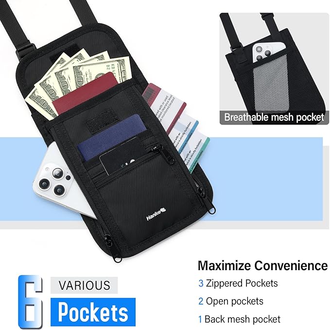 Hanke Passport Holder, Travel Wallet for Womens and Men, Neck Wallet Hidden Passport Pouch for Travel Adjustable Lightweight Thin with 6 compartments (Black)