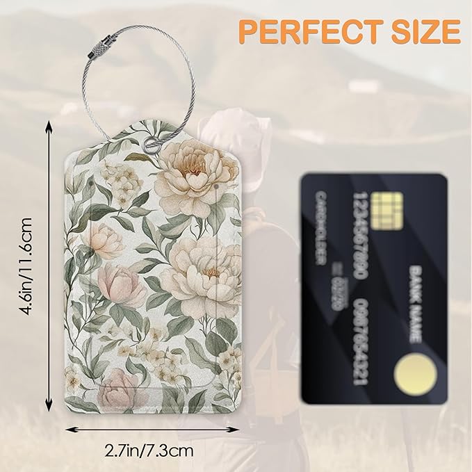 Vintage Peony Floral PU Leather Luggage Tags for Suitcase, Travel Cruise 3 Pack with Privacy Flap, Name ID Label and Metal Loop for Women Men Girls Baggage Bag Backpack