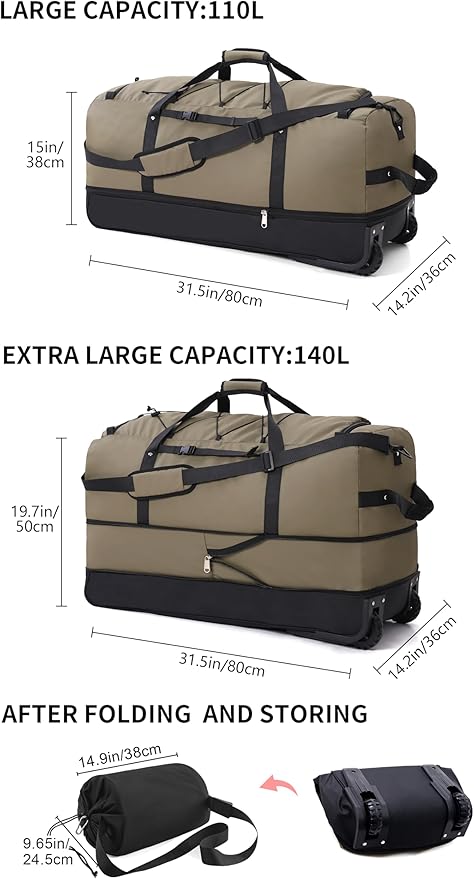 CONTAIL 32”110L Expandable 140L Rolling Duffle Bag with 2 Inline Wheels,Convertible Weekend Travel Bag with Bungee-Cord System,Army Green