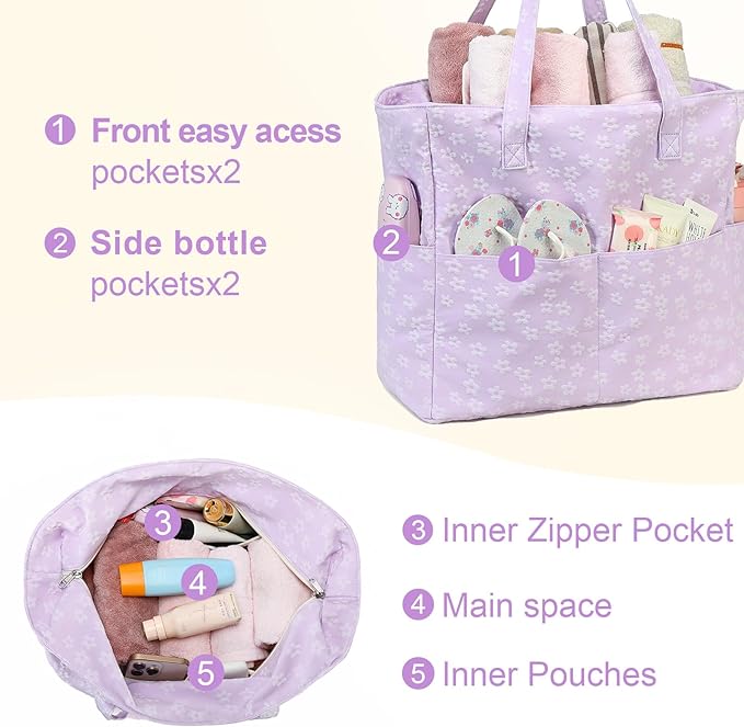 LEDAOU Large Beach Tote Bag Women Waterproof Sandproof Zipper Beach Tote Bag for Pool Gym Grocery Travel with Wet Pocket