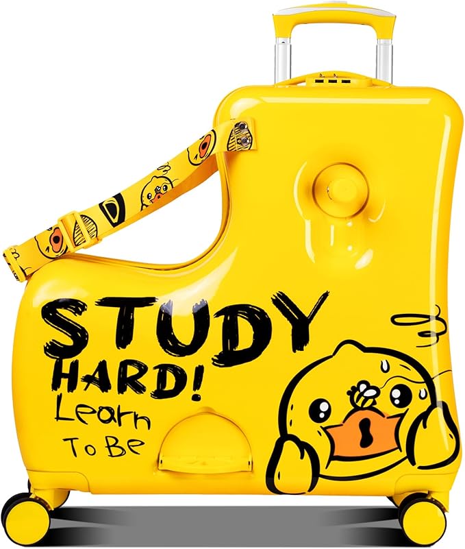 Kids' Lightweight Ride on Luggage with Spinner Wheels & Foldabe Design (Yellow Study, 20"+ Aged 1-3 Toddler),Children Holiday Birthday Gift