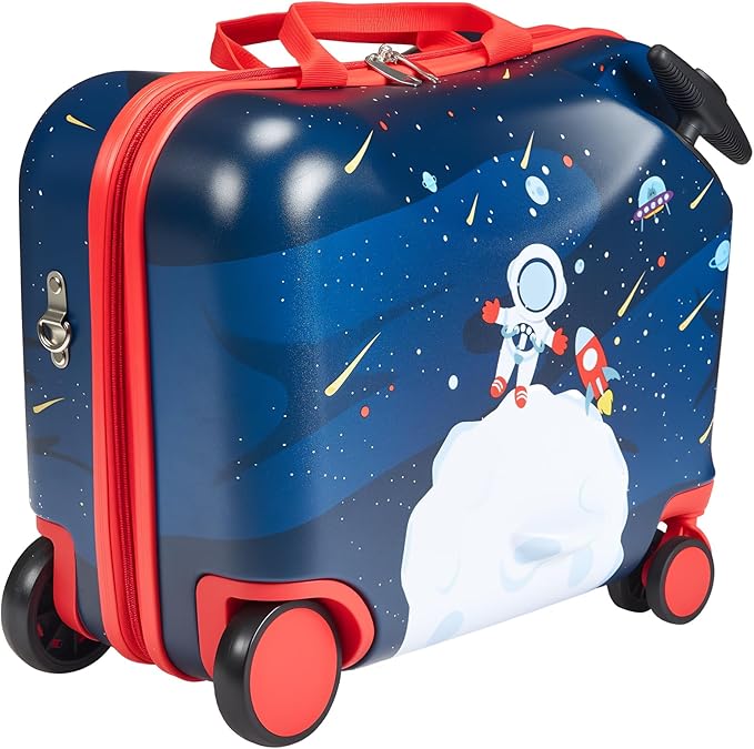 VEVOR Ride-on Luggage, 26 L Capacity, 18 Inches Tow Along Toddler Carry on Luggage with Wheels, Adjustable Shoulder Strap, Lightweight Kids Riding Suitcase for Boys & Girls Aged 3+, Blue & White