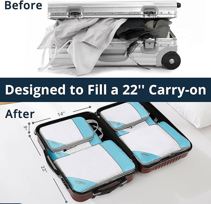 Compression Packing Cubes 6 Set, Compressible Space-Saving Packing Cubes for Travel - Compression Bags, Luggage Organizer, Travel Essentials for Women, Teal