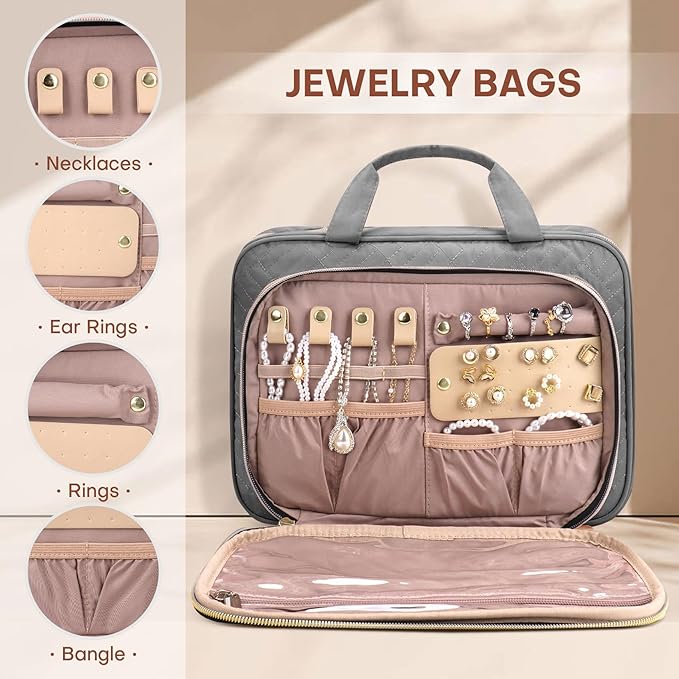Toiletry Bag for Women with Jewelry Organizer Compartment, Jewelry Boxes for Gifts, Travel Makeup Cosmetic Bag with Hanging Hook for Full-sized Toiletries, Shampoo - Grey, Gifts for Women